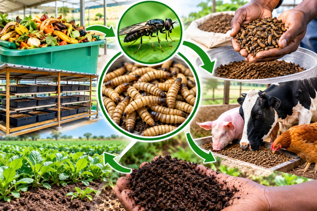 Commercializing Black Soldier Fly farming for livestock feed and organic waste recycling into biofertilizer in Tororo and Soroti.